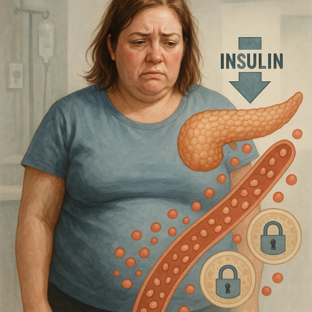 Realistic woman in clinical environment, about 38 years old, overweight on abdomen and face. Expression of fatigue and frustration. Around: stylized pancreas with low insulin symbol, glucose in the blood, cells with closed padlocks. Realistic and symbolic style. emoji