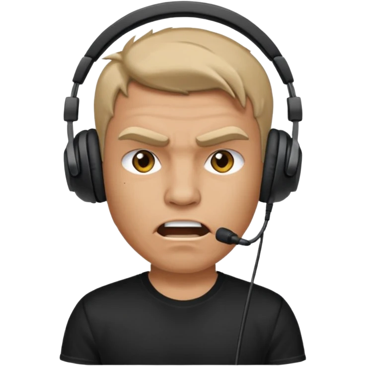 Male, angry, wearing headphone having mic, t-shirt 
 emoji