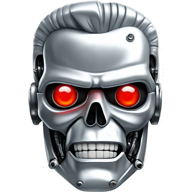 Emoji of a Terminator T-800, looking straight, 2d animation, red eyes, made of metal, white background,  emoji