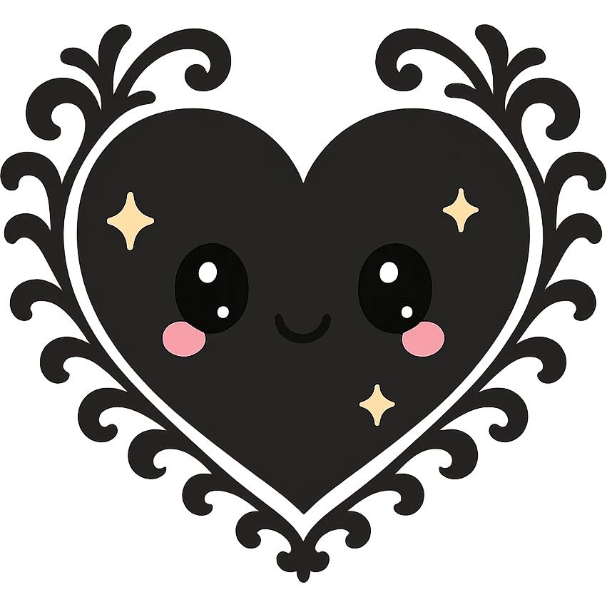 black gothic heart, ornate, dark, elegant, kawaii style, with cute sparkles emoji