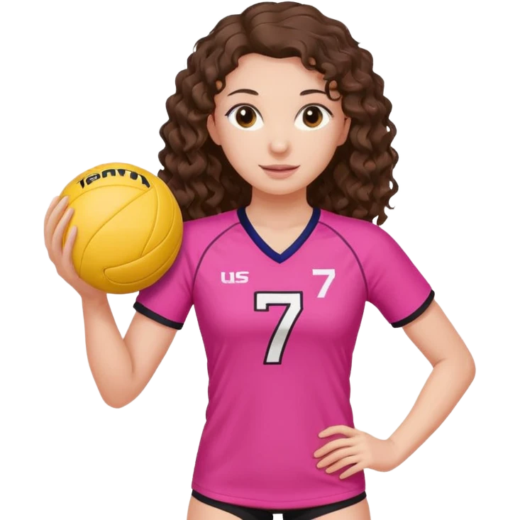 une joueuse de volley de debout qui joue c’est une blanche brune avec des cheveux longs boucles elle a une tenue rose avec le numéro 7 et une balle rose emoji
