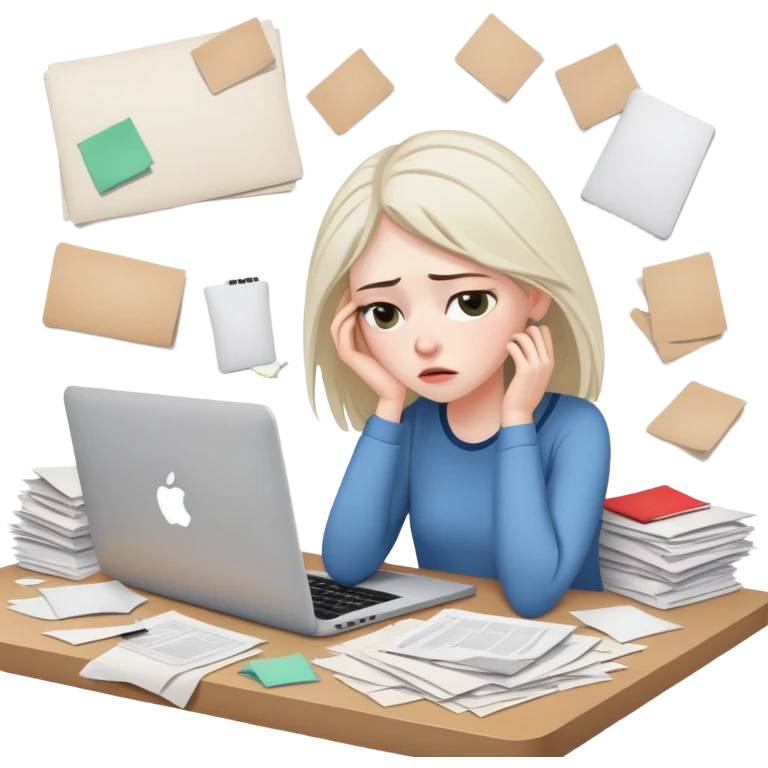 tired woman at a desk with a MacBook, surrounded by messy papers, emphasizing disorganization emoji