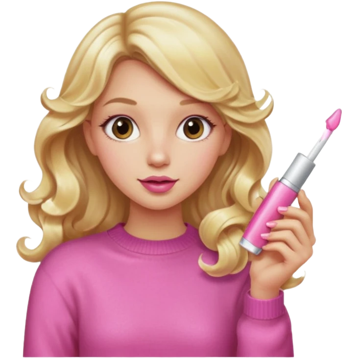 A long curled blonde haired girl with a pink sweater and holding a lip gloss emoji