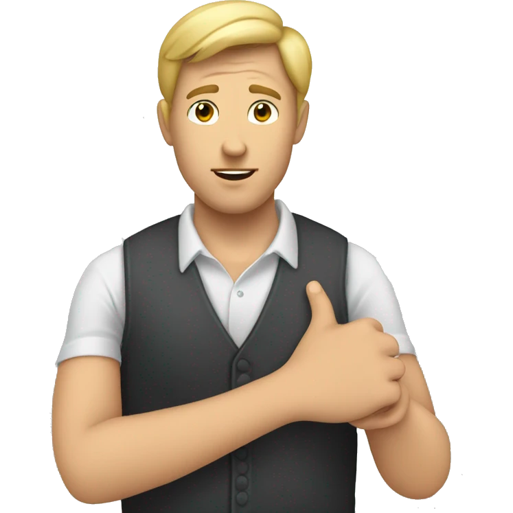 a white man being interviewed with his right hand on his chest doing I LOVE YOU gesture emoji