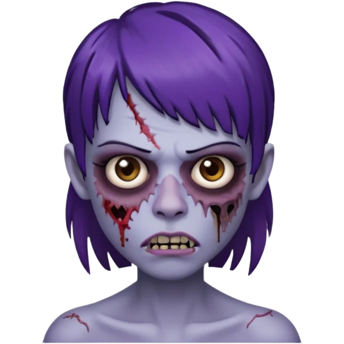 Quero uma zumbi com franja vegana piercing na sombrancelha no lado esquerdo e na boca e no nariz no lado direito cabelo castanho/preto com mechas roxas emoji