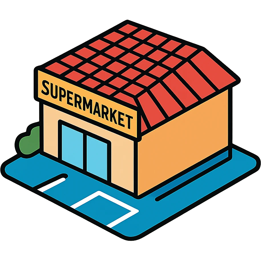 isometric supermarket with red tiled roof, main entrance, and parking area emoji