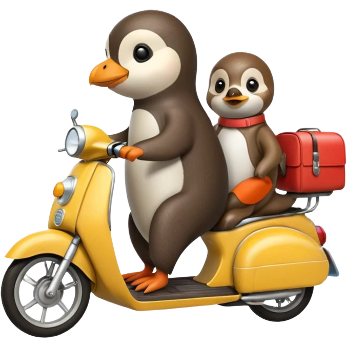 Penguin driving moped with an otter emoji