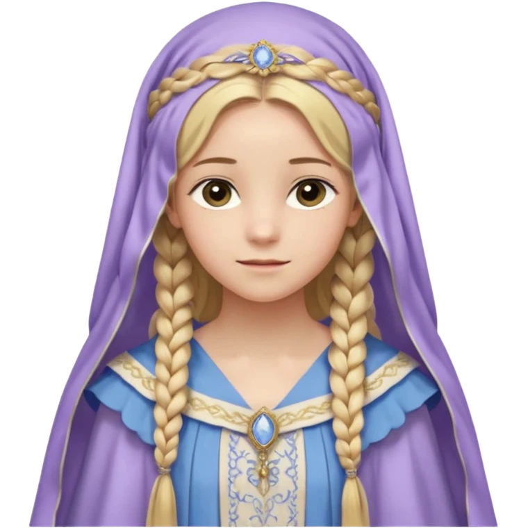 Joven de unos 20 años, de aspecto dulce y elegante.
Piel clara, ojosy expresivos, sonrisa triste.
Rubio o castaño claro, largo, con trenzas o velo.
-Vestido largo de tonos suaves (blanco, azul o lavanda), con bordados dorados; un manto o toca fina cubriendo la cabeza. de cuerpo entero  emoji