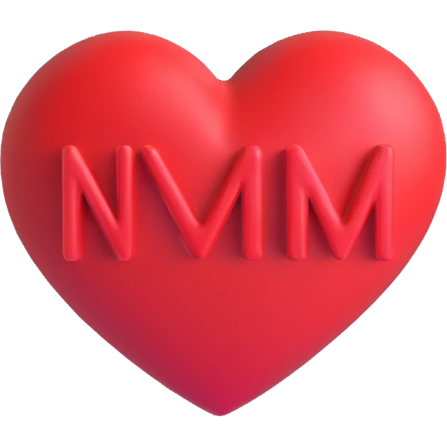 3D red heart with 'NM+CD' inside in a handwritten script style emoji