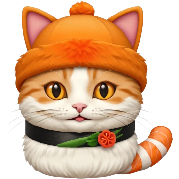 happy cat wearing a hat made out of sushi emoji