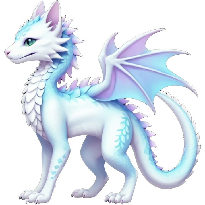 Kawaii white pastel iridescent beautiful pretty elegant divine edgy fantasy feline-vernid-sergal-Haku-dragon-fursona animal creature with a tufted tail full body with intricate markings  emoji