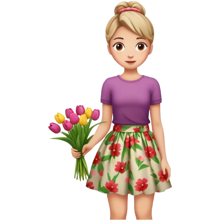 A girl with a messy bun, and a floral print skirt, holding a bunch of tulips. emoji