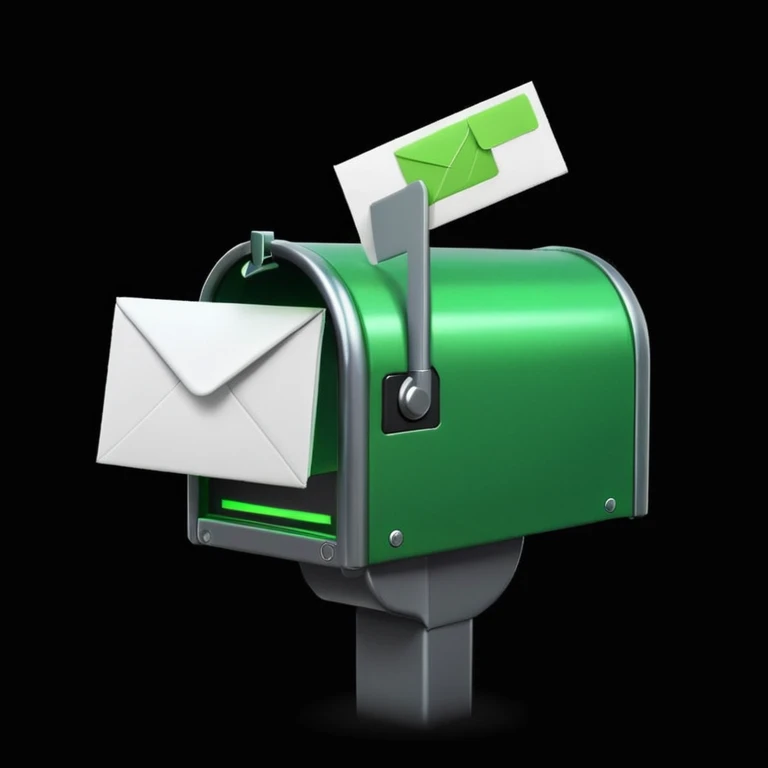green mailbox robot, slightly smaller object in the center, black background, glowing green details, white envelope with code inside, modern tech aesthetic

 emoji