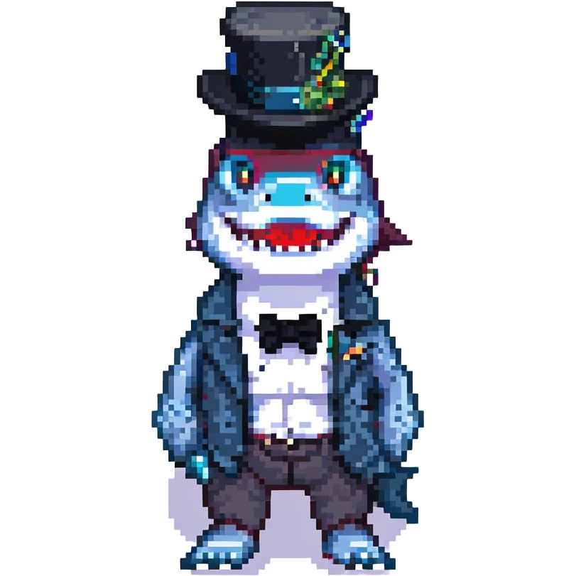 pixel art shark with a black tophat emoji