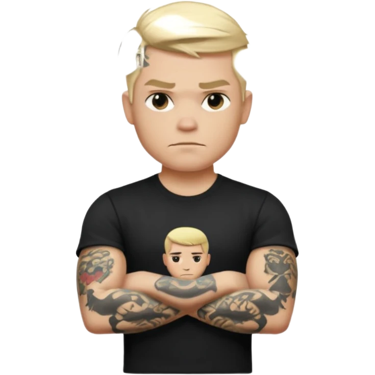 male memoji, blonde man with tattoos on arms, black t-shirt, arms crossed, intense stare, edgy rebel vibe emoji