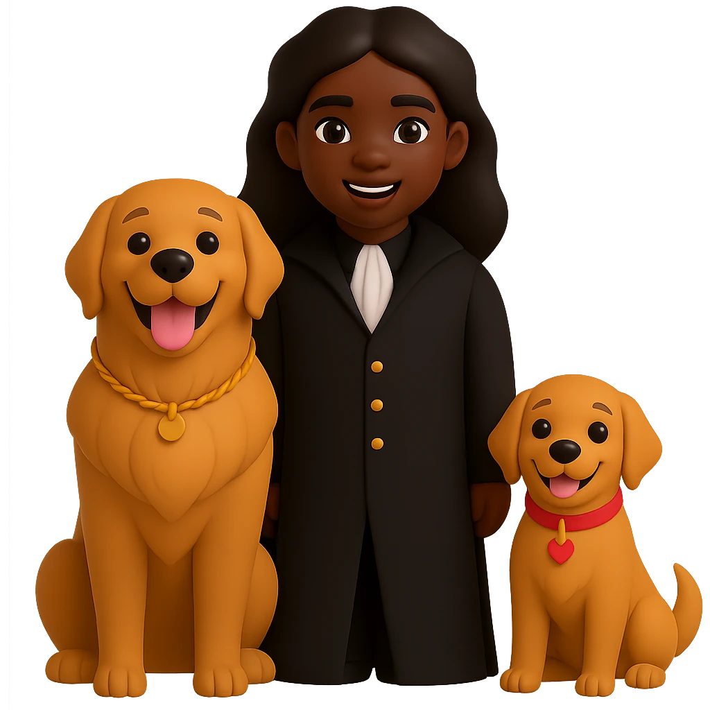 Change the vampire to have brown skin and dress all in black, keep the vampire on the left and the happy golden retriever on the right, preserve the 3D emoji style, keep the background transparent. The style to emulate is 3D emoji style with transparent background. emoji