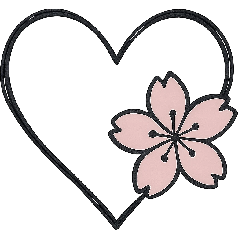 goth sakura heart, minimalist tattoo style, thin black outline heart, single pink sakura, subtle and modern emoji
