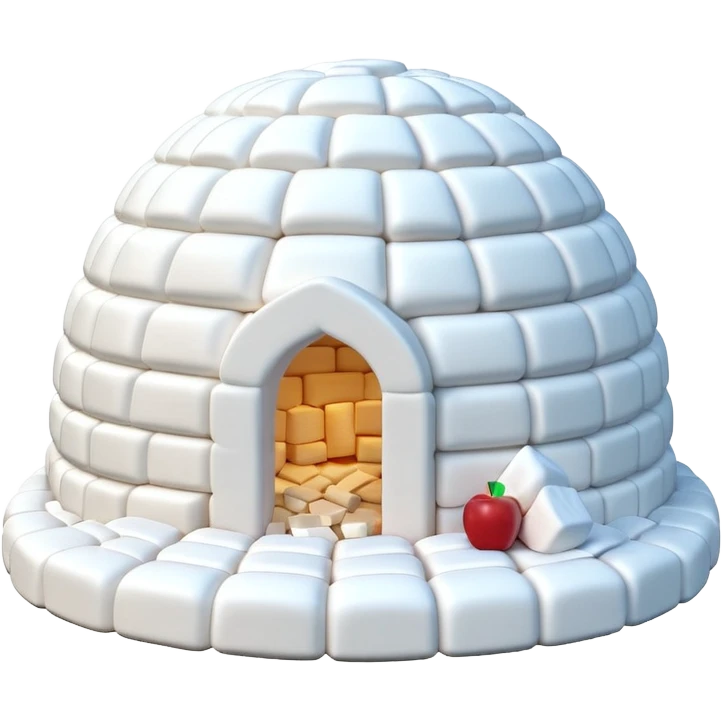 3D render of Marshmallow Igloo, made entirely of dessert materials, glistening sugar crystal texture, soft powdery white marshmallow bricks, delicious confectionery aesthetic, Apple emoji style, isolated on white background --v 6.0. emoji