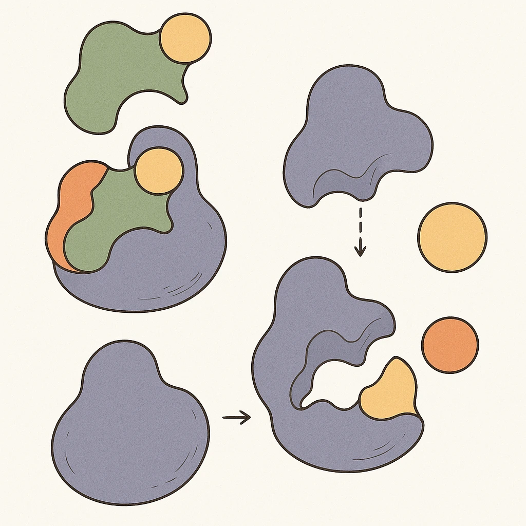 Ultra-detailed scientific illustration  (like in a school book) of enzyme digestion. Macro molecular view, clean white background, no text, no human figures or cartoon characters. Purely biological focus. emoji