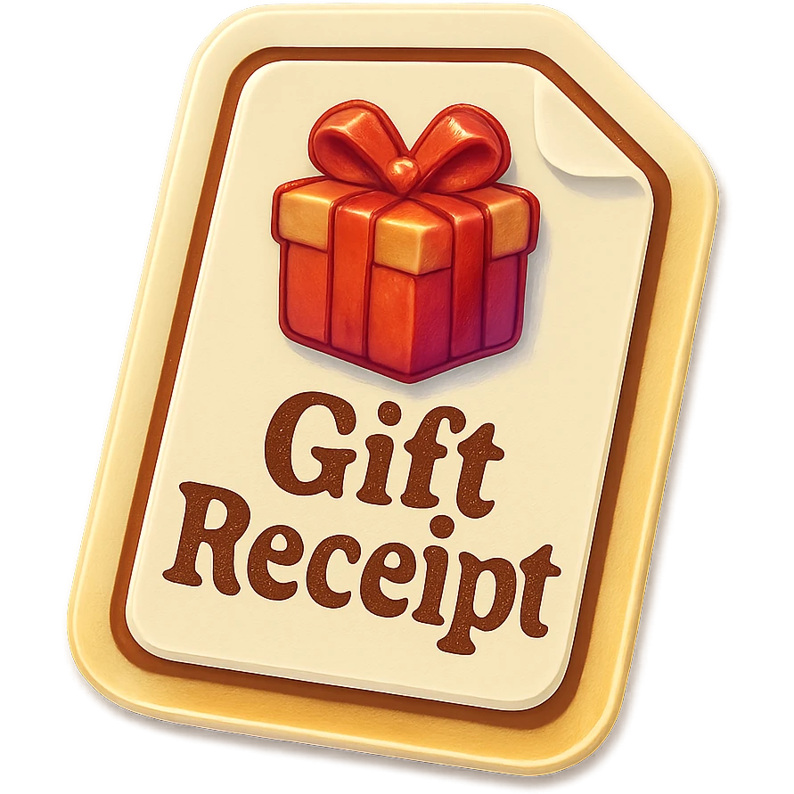 Edit the emoji style image of a paper gift receipt to clearly represent a gift receipt for exchanging a gift. Include a gift icon or bow on the paper and make the words 'Gift Receipt' visible on the simple white paper. It should not look like a box, but a flat paper sheet with clear gift exchange symbolism. emoji