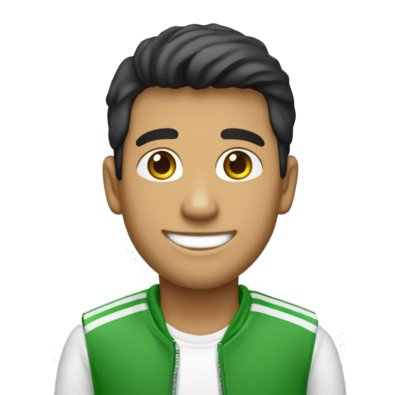 Un señor latino joven, con sonrisa y ropa verde y blanca emoji