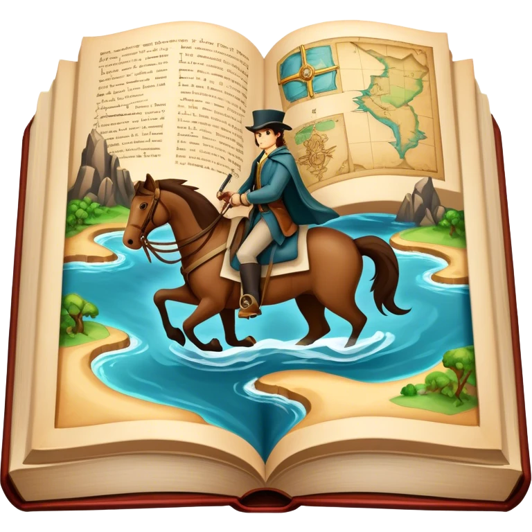 Icon for Reading Fiction: a large open book with pages turning into musketeers on horseback, Sherlock Holmes and Island of treasure map. The icon should evoke the adventure and romance of exploring fictional worlds. Transparent background. emoji