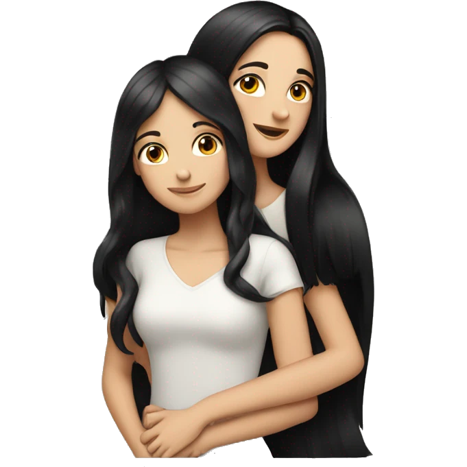 Two white girls with long black hair hugging. emoji