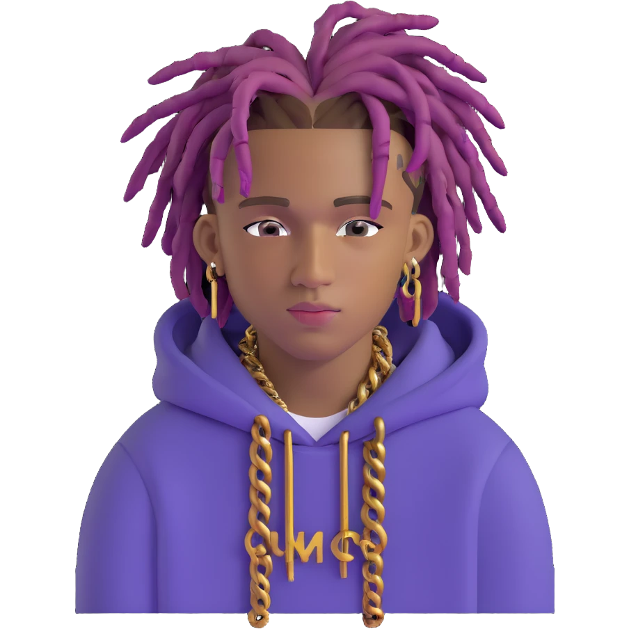 Juice WRLD with purple dreadlocks, designer hoodie, gold chains, and signature style emoji