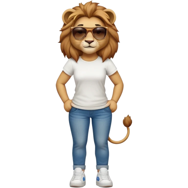 friendly anthropomorphised female lion character, full body, standing confidently with legs shoulder width apart and arms folded, wearing jeans, a white t-shirt, dark sunglasses, and trainers, with a confident smile emoji