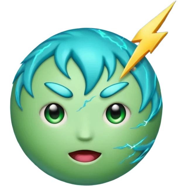 Uranus emoji with a face, blue-green planet, lightning bolts around it, wild and chaotic expression, representing unpredictability and transformation, Apple-style emoji emoji