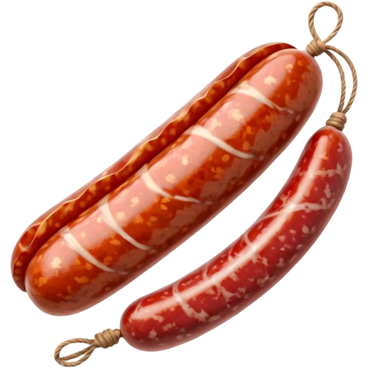 short thick sausage with white-mottled casing, whole with several thin slices and a twine loop, marbled red meat and fat, no extras, soft lighting, subtle shadows, emoji scale emoji