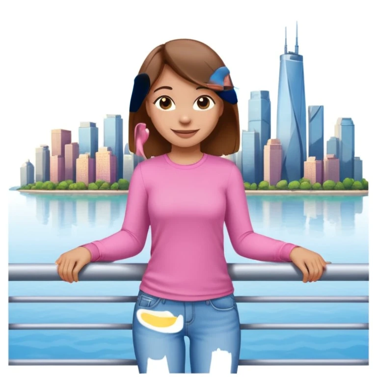 cheerful emoji-style girl with brown hair, pink fitted shirt, and light blue jeans, posing with one arm on a railing, city skyline and water behind her, sunny day emoji