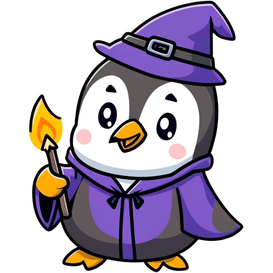 Cute penguin in wizard robes casting a spell emoji