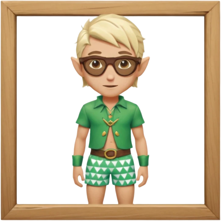 elf male legolas portrait, patterned board shorts (geometric/abstract), unique wooden-framed sunglasses, undercut hairstyle, slight smirk, visible pointy ears, no background, centered emoji, hipster summer vibe emoji