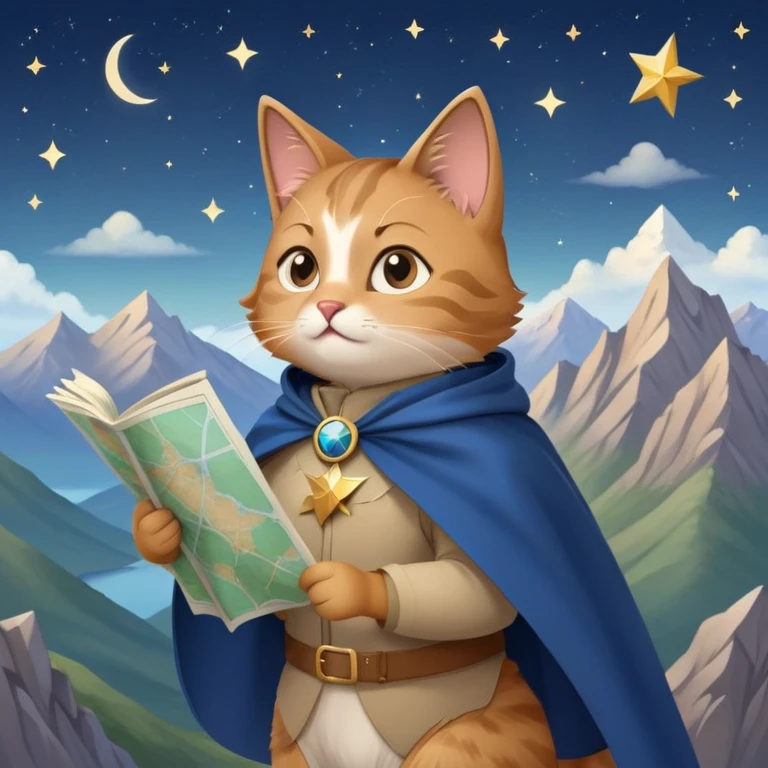 Explorer cat holding a map, mountains and stars in background, wearing light clothes and cape blowing in wind, looking into distance emoji