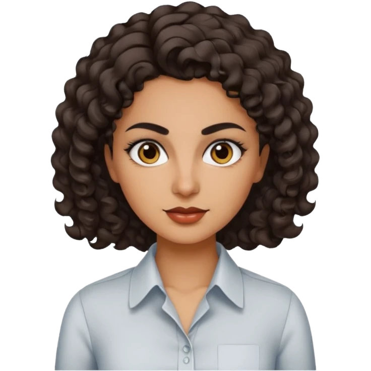 30 yr iranian woman dark brown hair curly wavy short hair, dress shirt, thick eyebrows emoji