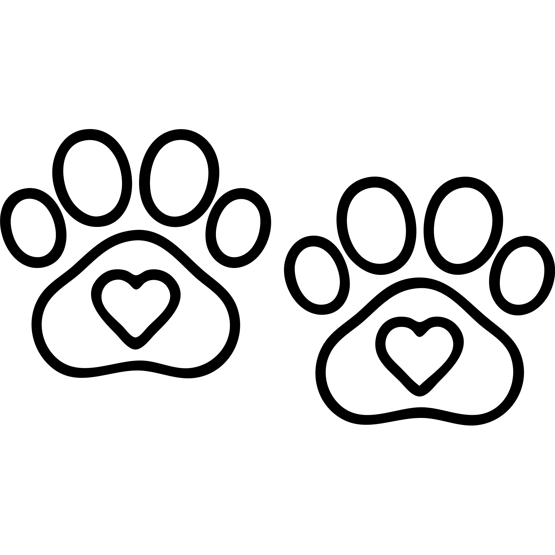 two black outlined puppy paws with a white heart on the pad emoji