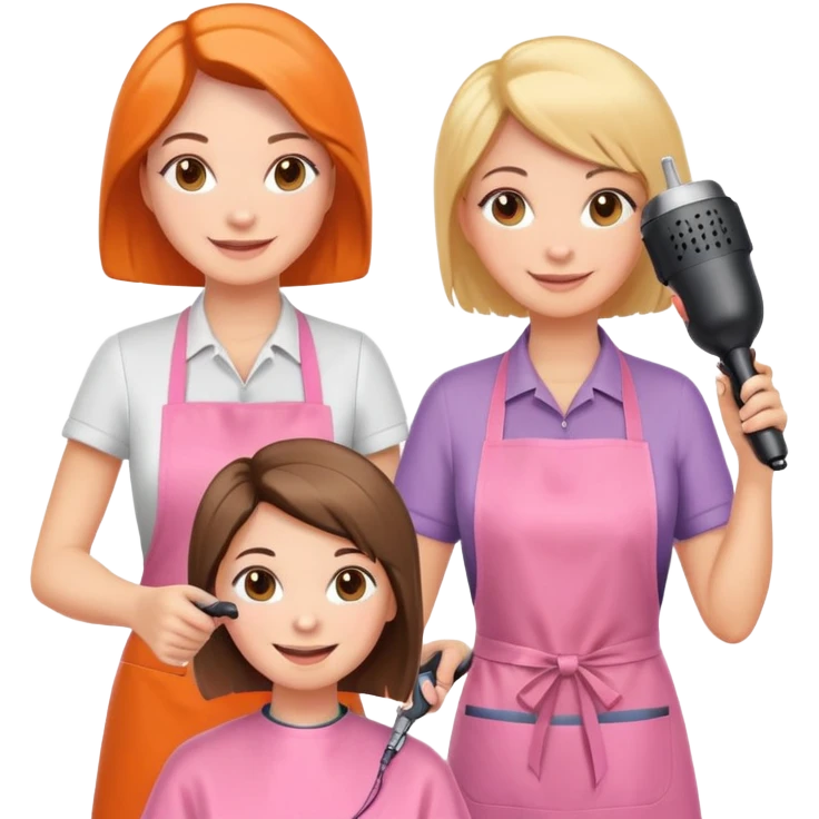happy woman in pink apron getting a haircut from smiling female hairstylist in orange apron, holding hairdryer in right hand emoji