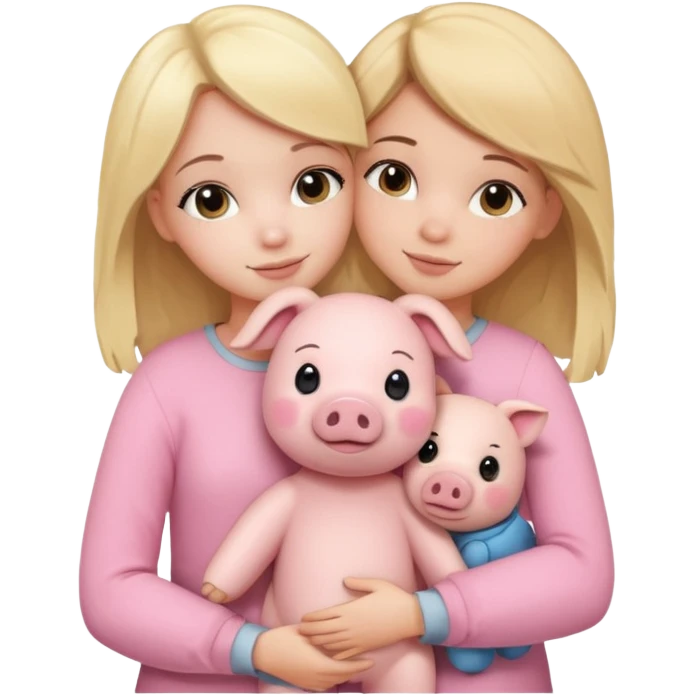 Girlfriends, blonde and brunette, hugging each other with a teddy bear and a little pig emoji