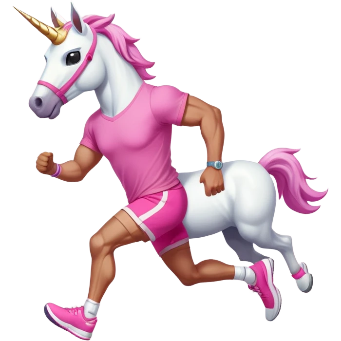 full body friendly anthropomorphised masculine unicorn with white horse-like face, muscular build, wearing pink t-shirt, shorts, trainers, dark sunglasses, running in a relaxed pose emoji