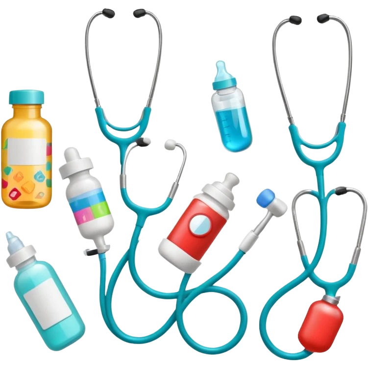 stethescope, heel lancet, medication, baby blood tubes, monitoring cables, baby bottle, cute scrapbooking paper,  emoji