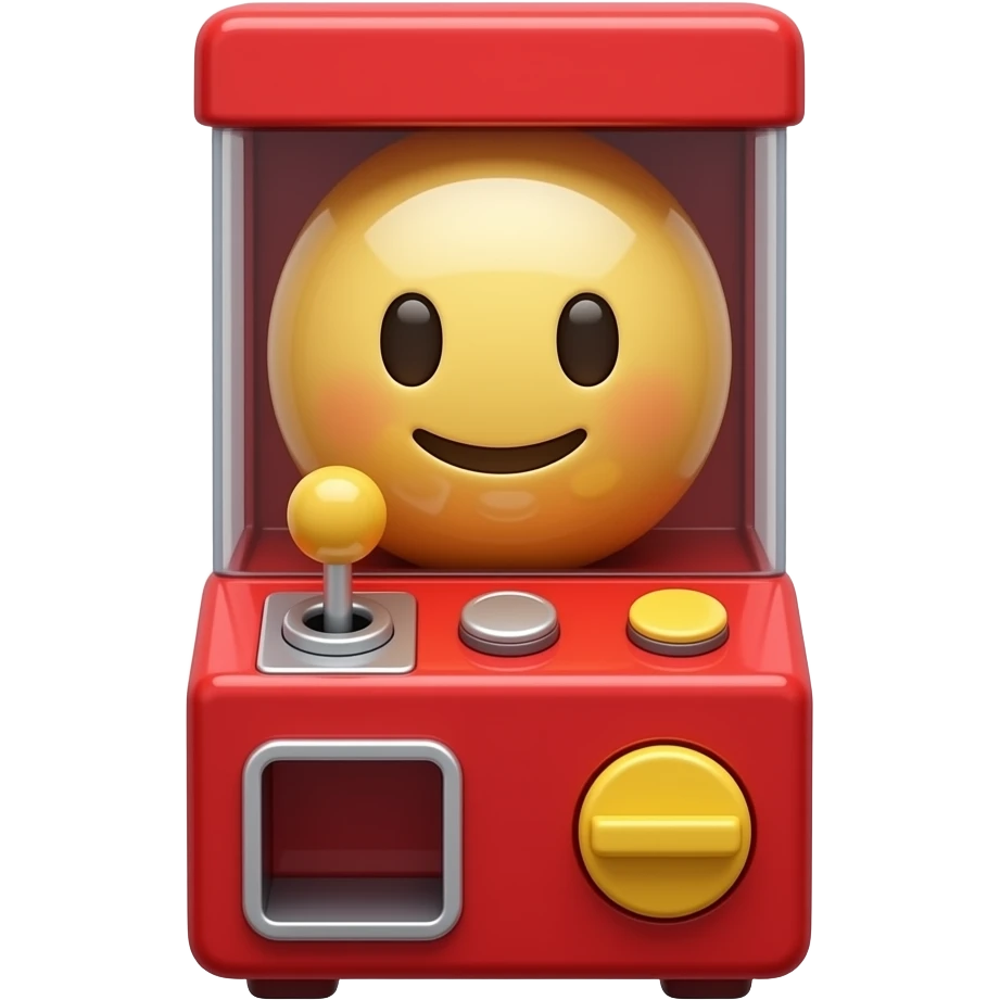 3D iOS emoji-style gashapon red machine, glossy plastic, neutral face, minimal, front view, centered, soft lighting, light gray background emoji