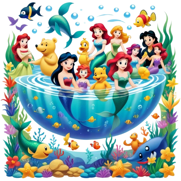 Icon for Animated Characters: A colorful, large-scale collage of beloved cartoon characters, including Franco, Mickey Mouse, Winnie-the-Pooh, Ariel the Little Mermaid, Jasmine and others. Bright and vibrant, full of whimsical charm. Transparent background. emoji