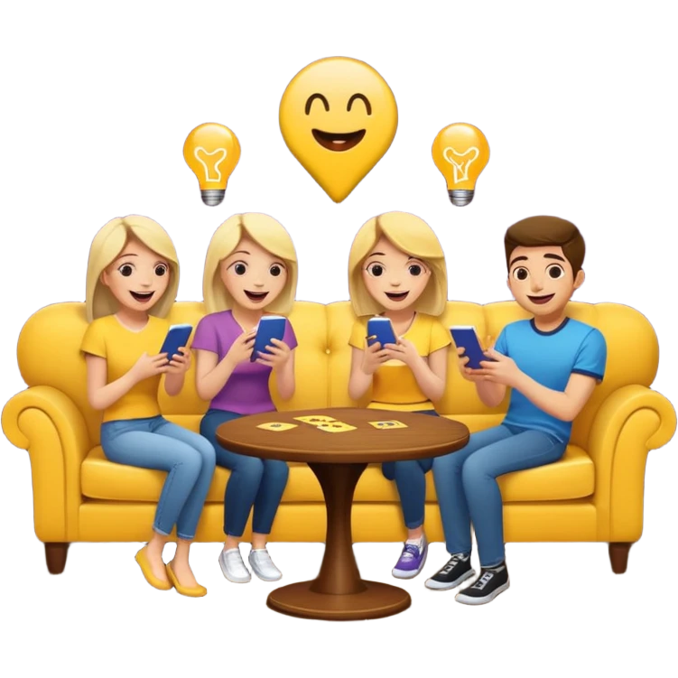 group of friends on couch playing a trivia game couch should be deep dark yellow color.  include a small wooden table in front of the couch as well emoji