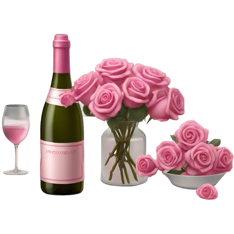 Hyper Realistic Romantic candlelit date,  pink roses with bottle of wine  emoji