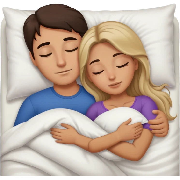 Man with dark brown hair and woman with long dark blonde hair in bed cuddling and sleeping  emoji