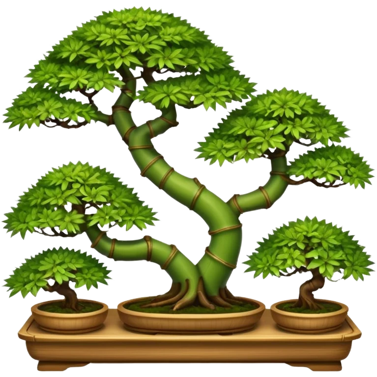 Tiered Twisted bamboo floor shelf unit stand displaying hair leaf maples and pine bonsai plants(in shallow bonsai pots)  emoji