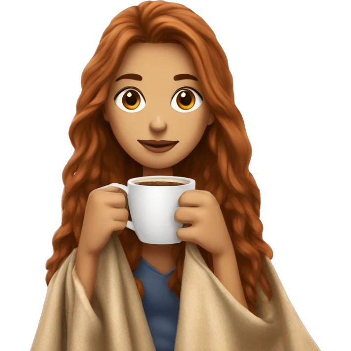 Auburn long haired girl in with a blanket and a latté coffe emoji