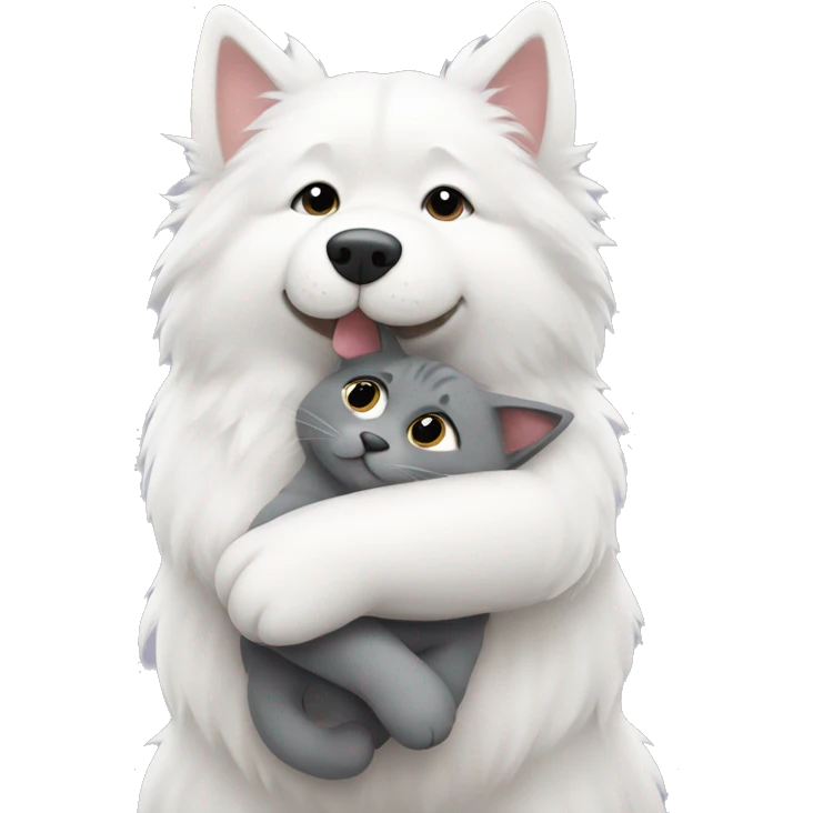 Samoyed hugging a full fluffy grey cat emoji