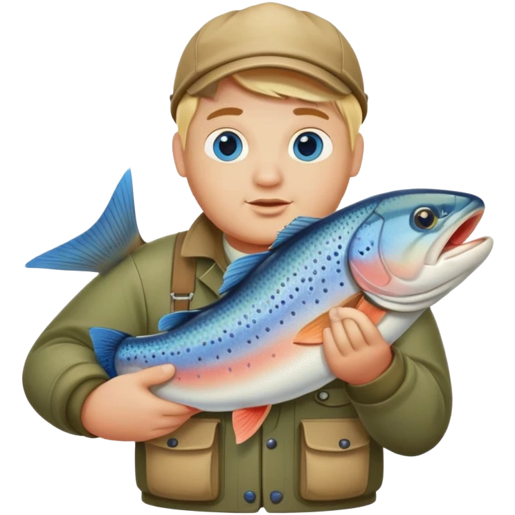 Pêcheur blond avec bouc  grassouillet yeux bleus et présentant truite emoji